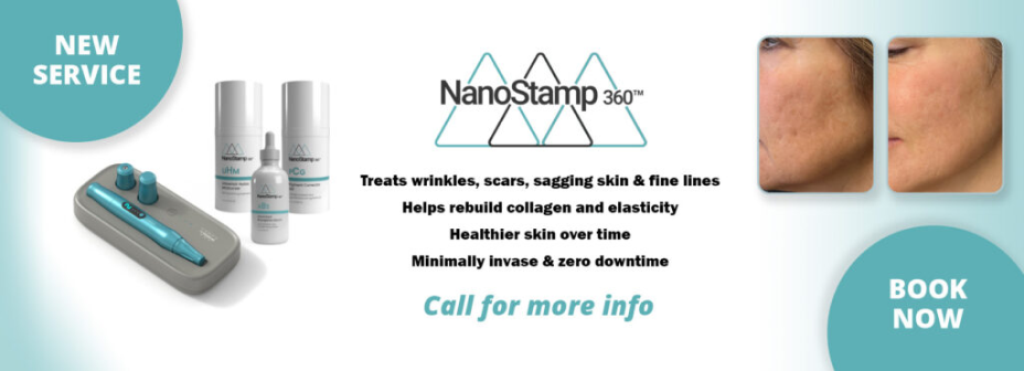 Banner showcasing the Nano Stamp 360 for microchanneling treatments, reducing fine lines, acne scars, and pigmentation at Facials & Skincare by Debbie in Orange, CA.