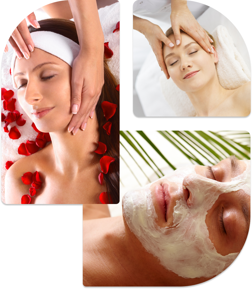 A collage of relaxing facial treatments and skincare services in Orange, CA.